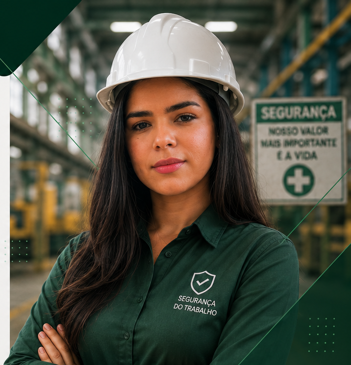 Andrya Silva em campo, com capacete de segurança, em ambiente industrial