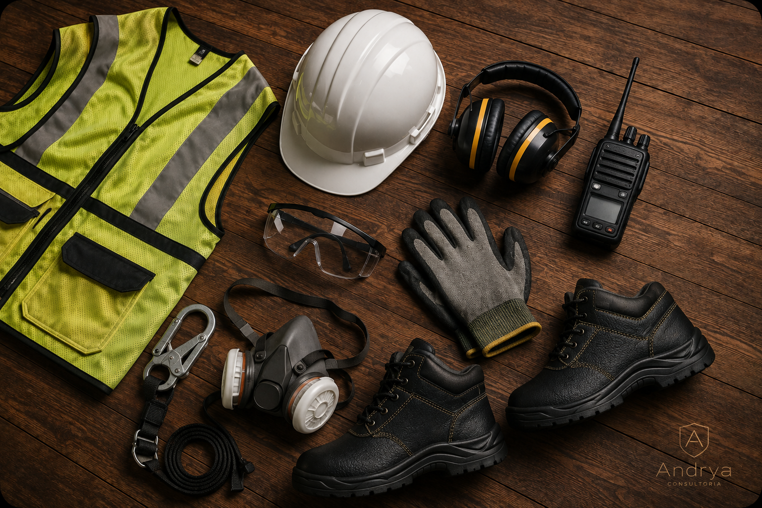 Equipamentos de proteção individual (colete refletivo, capacete, óculos, abafador, rádio comunicador, luvas, respirador e botas) organizados sobre uma bancada de madeira, com a marca Andrya Consultoria.